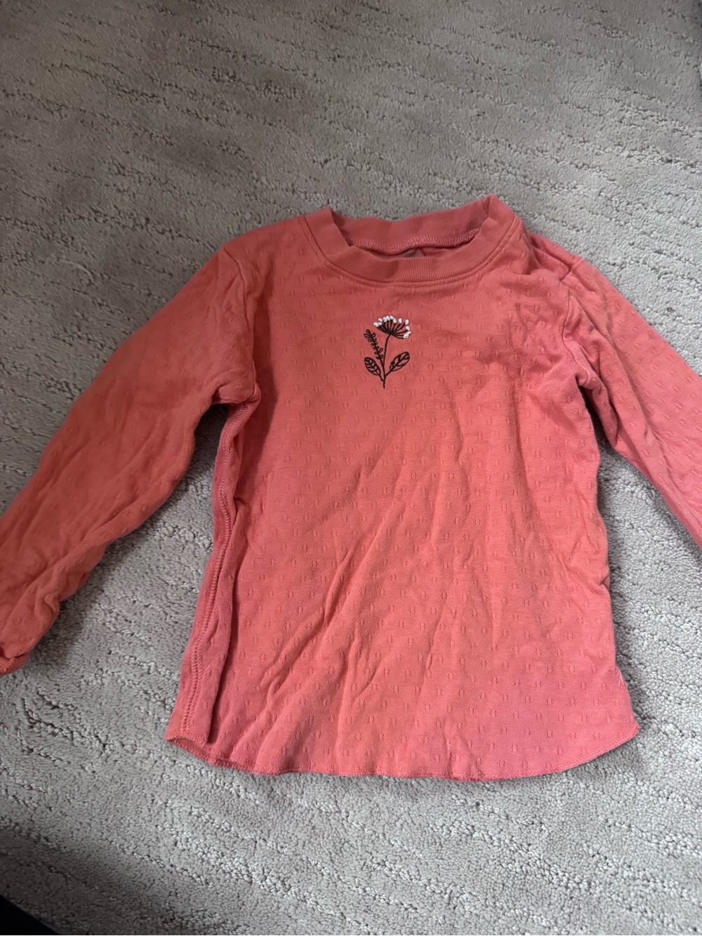 Coral Long-Sleeve Tee with Center Floral Embroidery